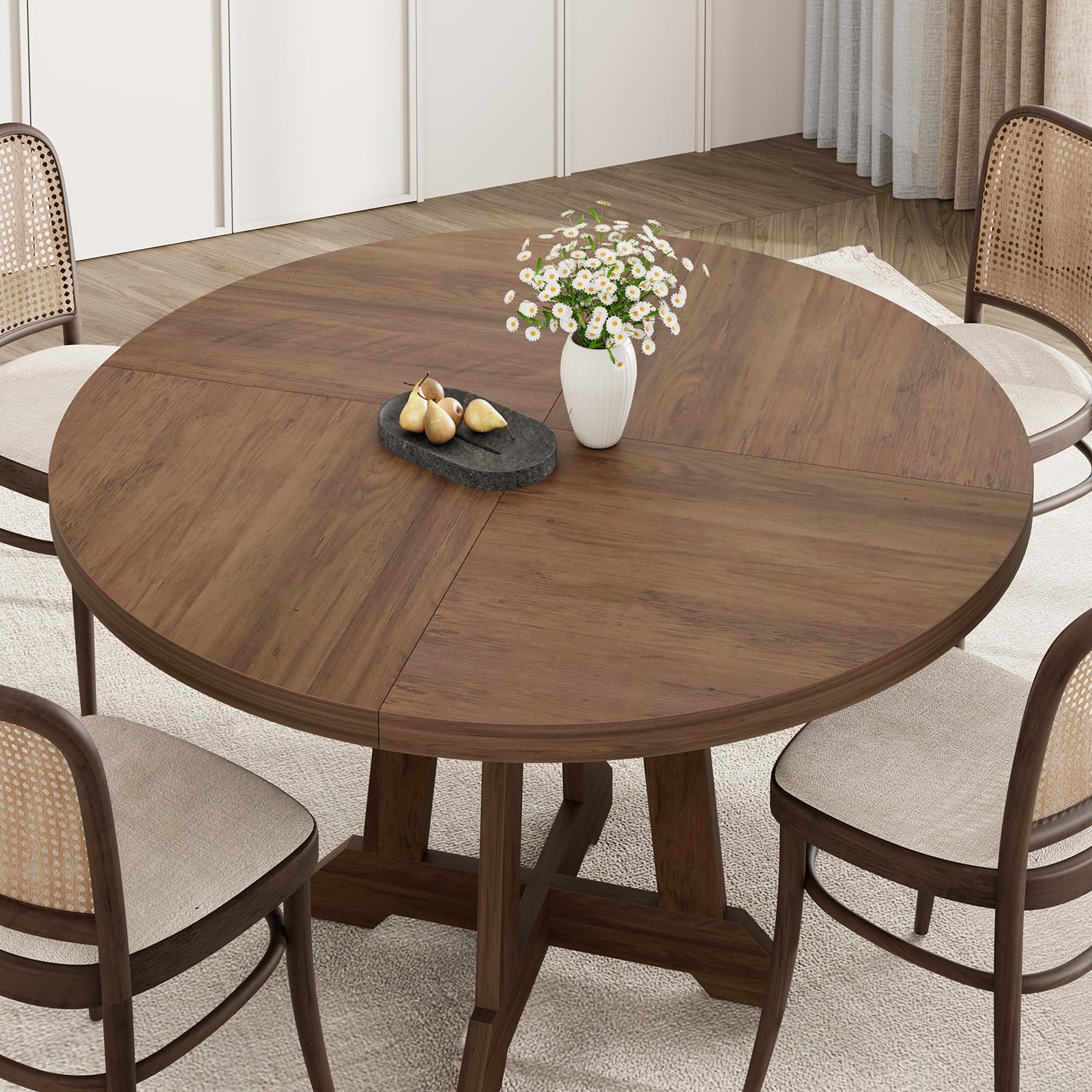 Garvee Table de salle à manger ronde pour 4 personnes, en bois, 119cm (119,4cm), piètement en croix robuste, pieds réglables, marron