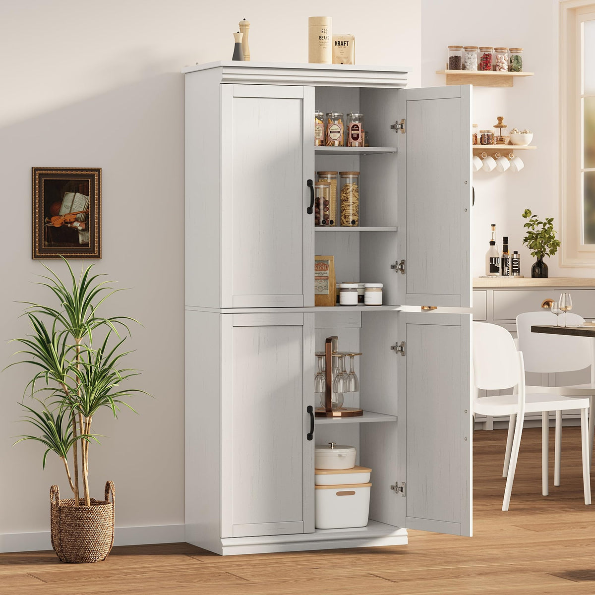 Armoire de rangement Garvee Pantry 70" avec portes et étagères réglables pour la cuisine et le salon, en MDF P2, robuste, anti-basculement, teinte bois neutre