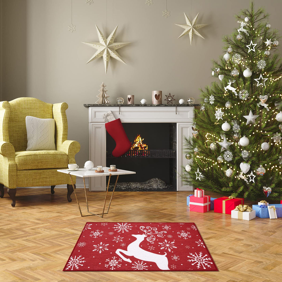 Tapis de Noël Garvee, antidérapant, 40 x 60 cm, pour l'intérieur et l'extérieur, résistant, motif de Noël pour l'entrée, rouge