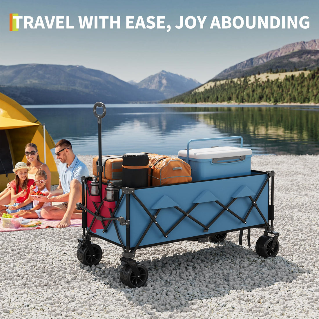 Garvee Chariot de plage pliable avec roues tout-terrain, cadre en acier, charge 159 kg, roues de 18 cm, porte-gobelet, 137 x 73 x 107 cm