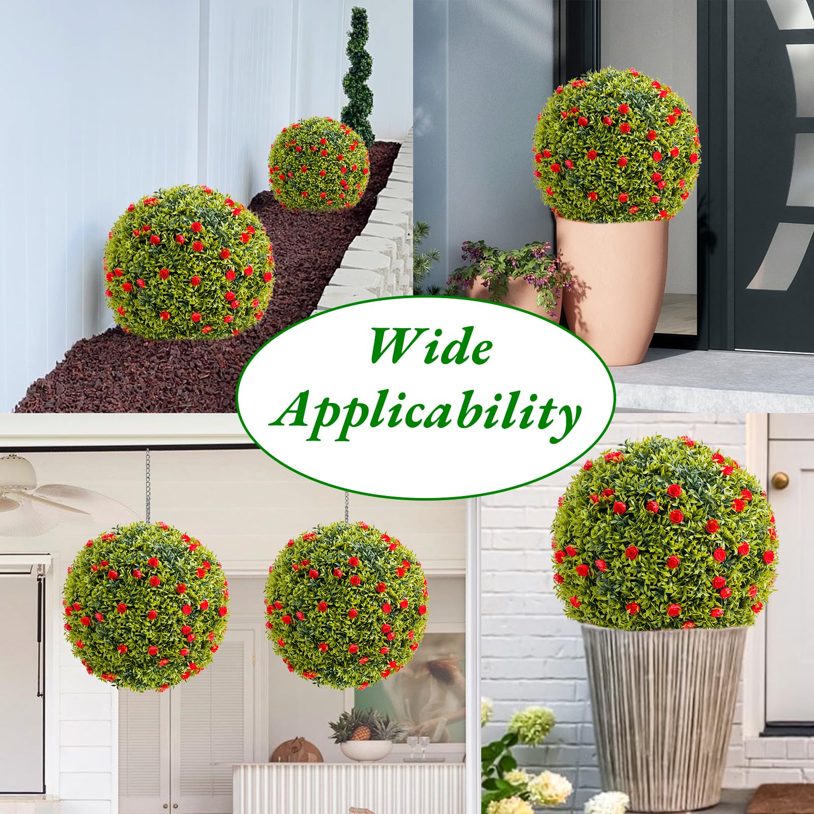 Garvee Lot de 2 boules de buis artificiel de 57 cm (22,4 po) avec fleurs rouges pour balcon et jardin, en polyéthylène résistant aux intempéries, vert