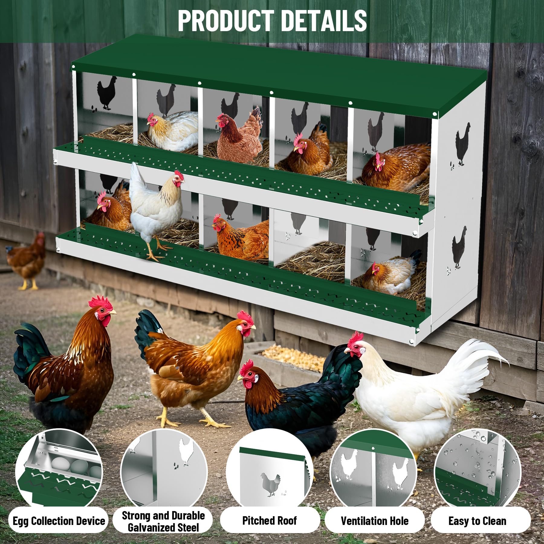 Garvee pondoir pour poules à 10 compartiments, acier galvanisé de 0,7 mm, collecteur d’œufs, conception inclinée, installation facile, idéal pour poulaillers, vert