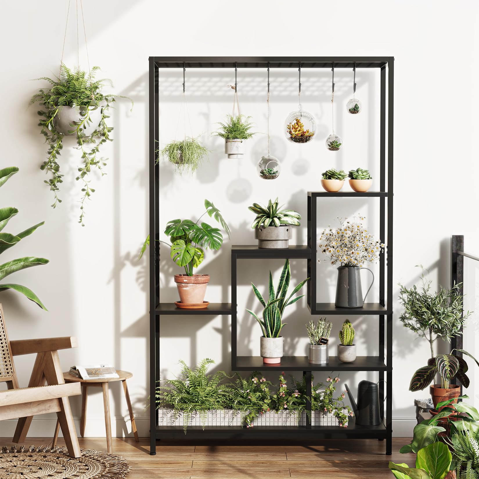 Support pour plantes d'intérieur Garvee, structure métallique à 5 niveaux avec crochets pour balcon et salon, 180 cm (70,9 pouces), noir