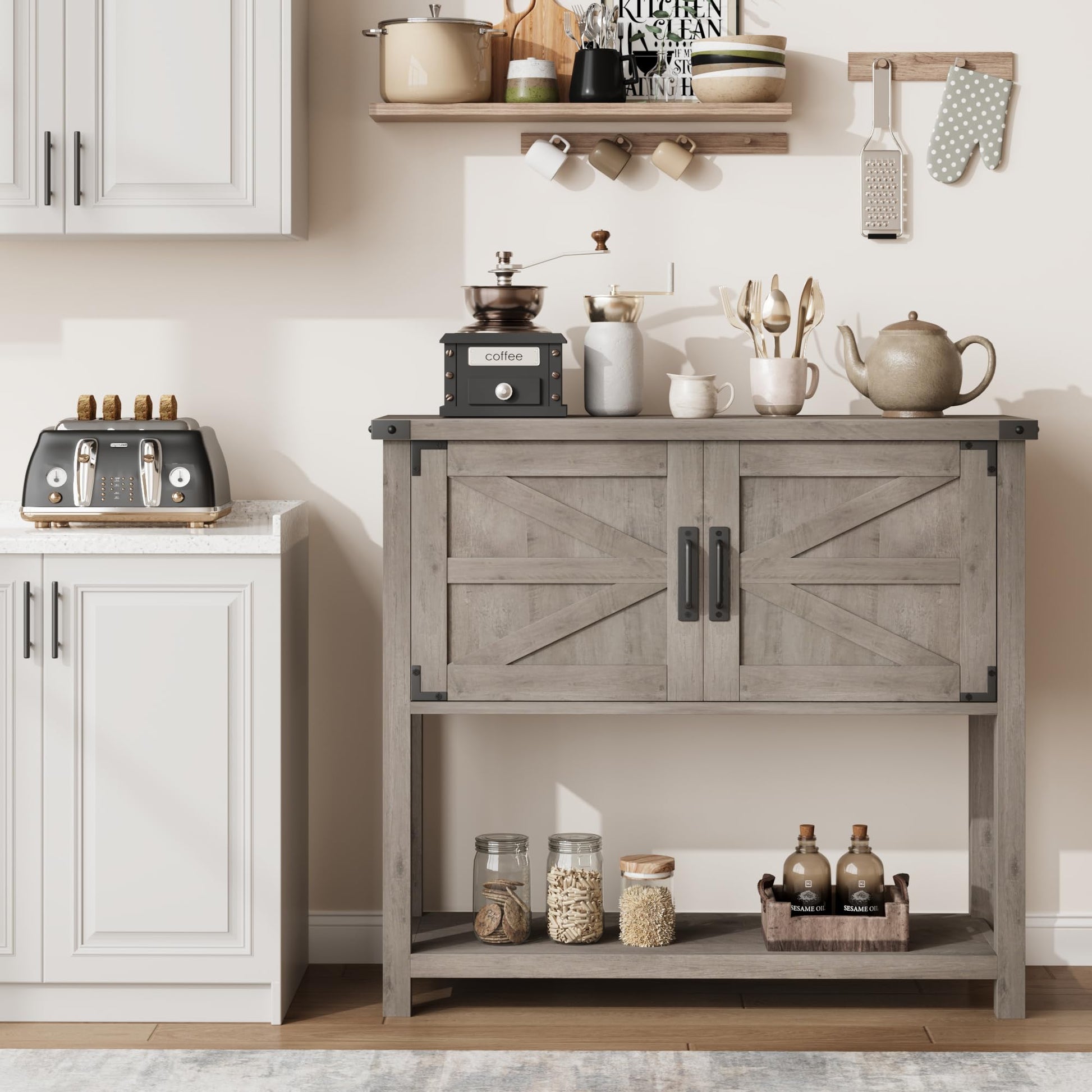 Console en bois Garvee style ferme avec 2 portes pour la cuisine et l'entrée, 80 x 36 x 86 cm, grise, robuste et multifonctionnelle