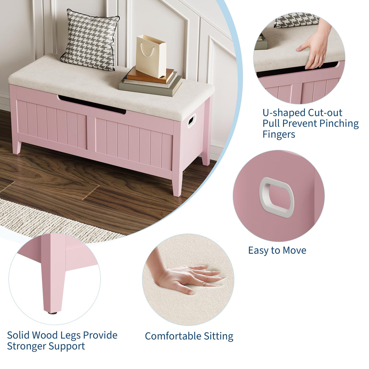 Banc de rangement Garvee avec coussin, coffre en bois de 100 cm, 2 charnières de sécurité, salon et chambre, bois aggloméré, poignées ergonomiques, couvercle rabattable, grand coffre, montage facile
