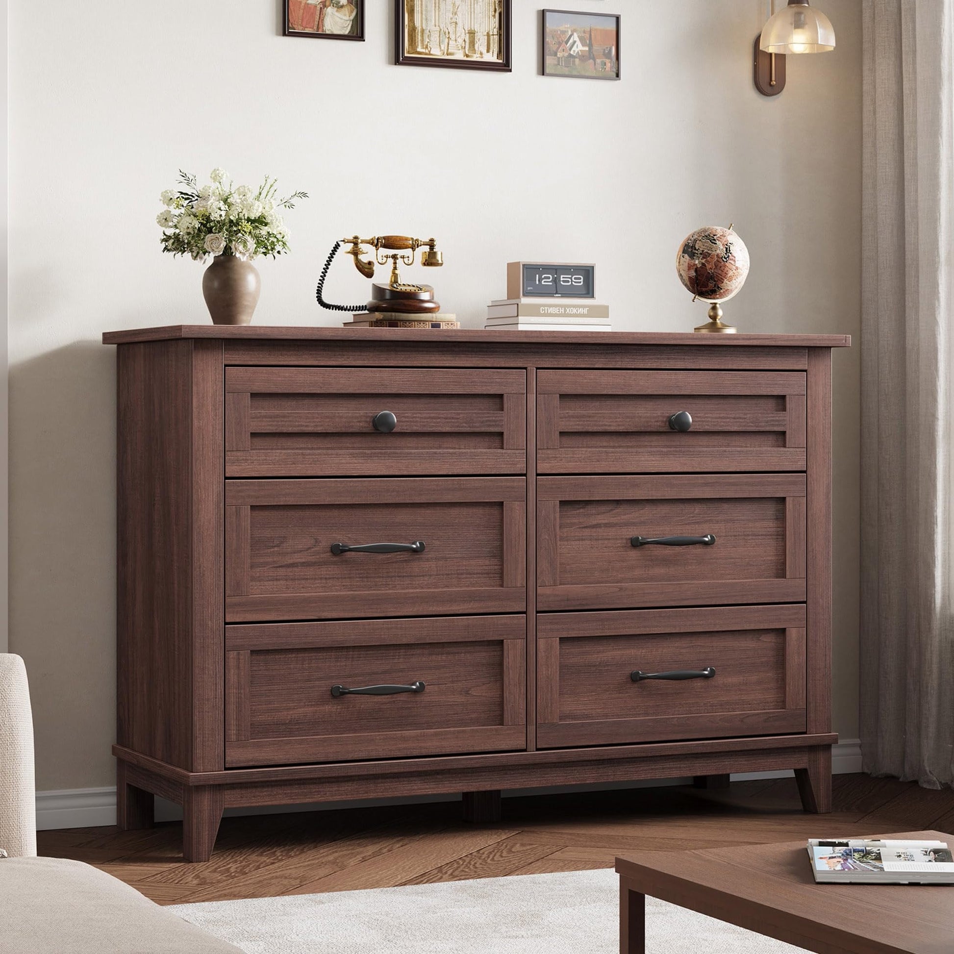 Garvee Commode Farmhouse à 6 tiroirs, en bois blanc, robuste, offrant un grand espace de rangement pour la chambre, le salon ou le couloir