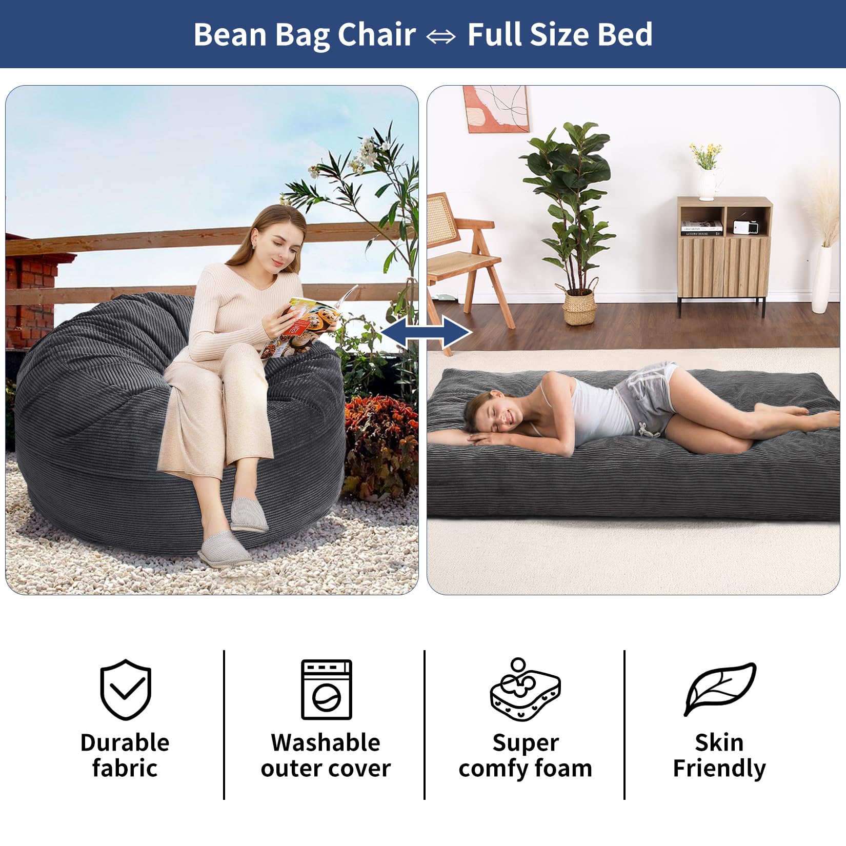 Pouf Garvee grand modèle en velours côtelé, housse pliable et lavable 2 en 1, gris foncé, pour salon ou chambre.