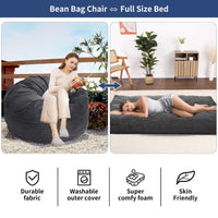 Pouf Garvee grand modèle en velours côtelé, housse pliable et lavable 2 en 1, gris foncé, pour salon ou chambre.