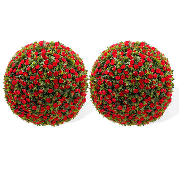 Garvee Lot de 2 Boules de Buis Artificielles 45 cm avec Fleurs, PE Résistant aux UV, pour Mariage et Balcon, Vert Rouge Blanc
