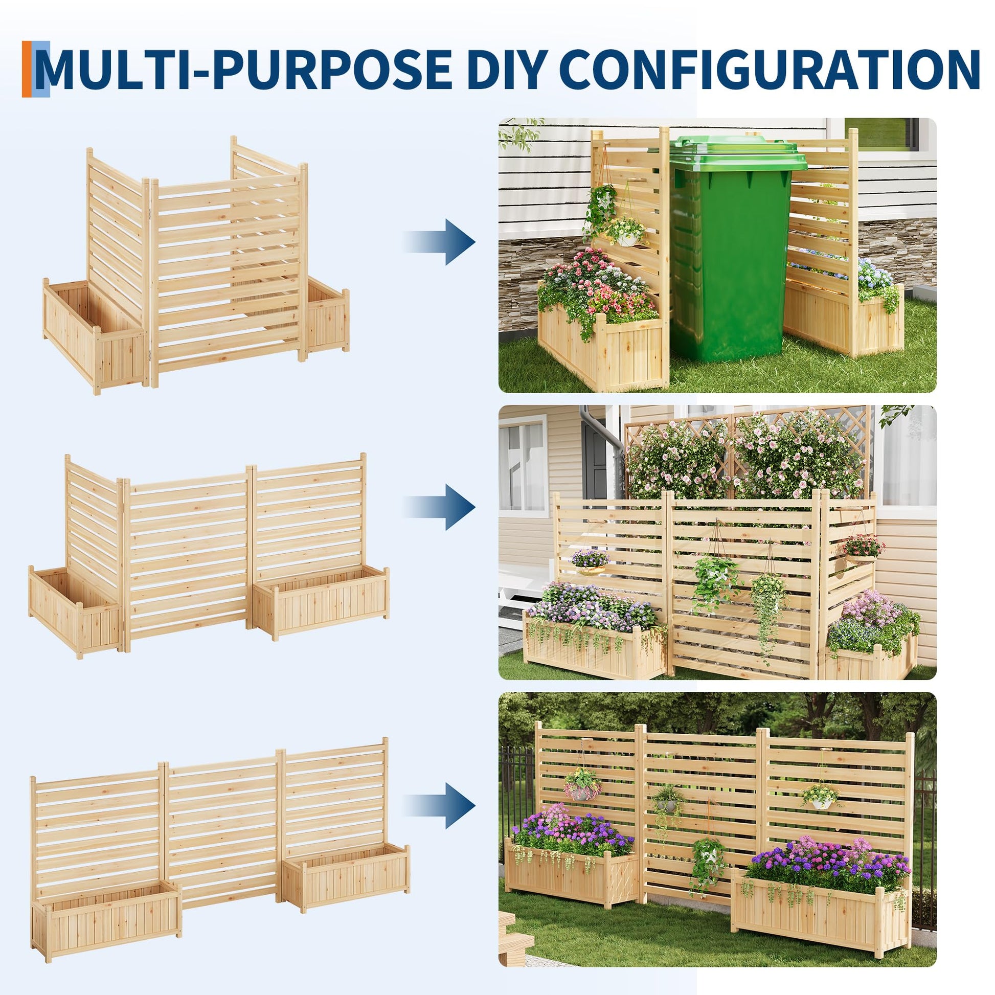 Clôture d'extérieur Garvee 33 x 40 pouces, en bois avec jardinière intégrée, idéale pour terrasse et jardin. Résistante aux intempéries, robuste et autoportante. Bois naturel.