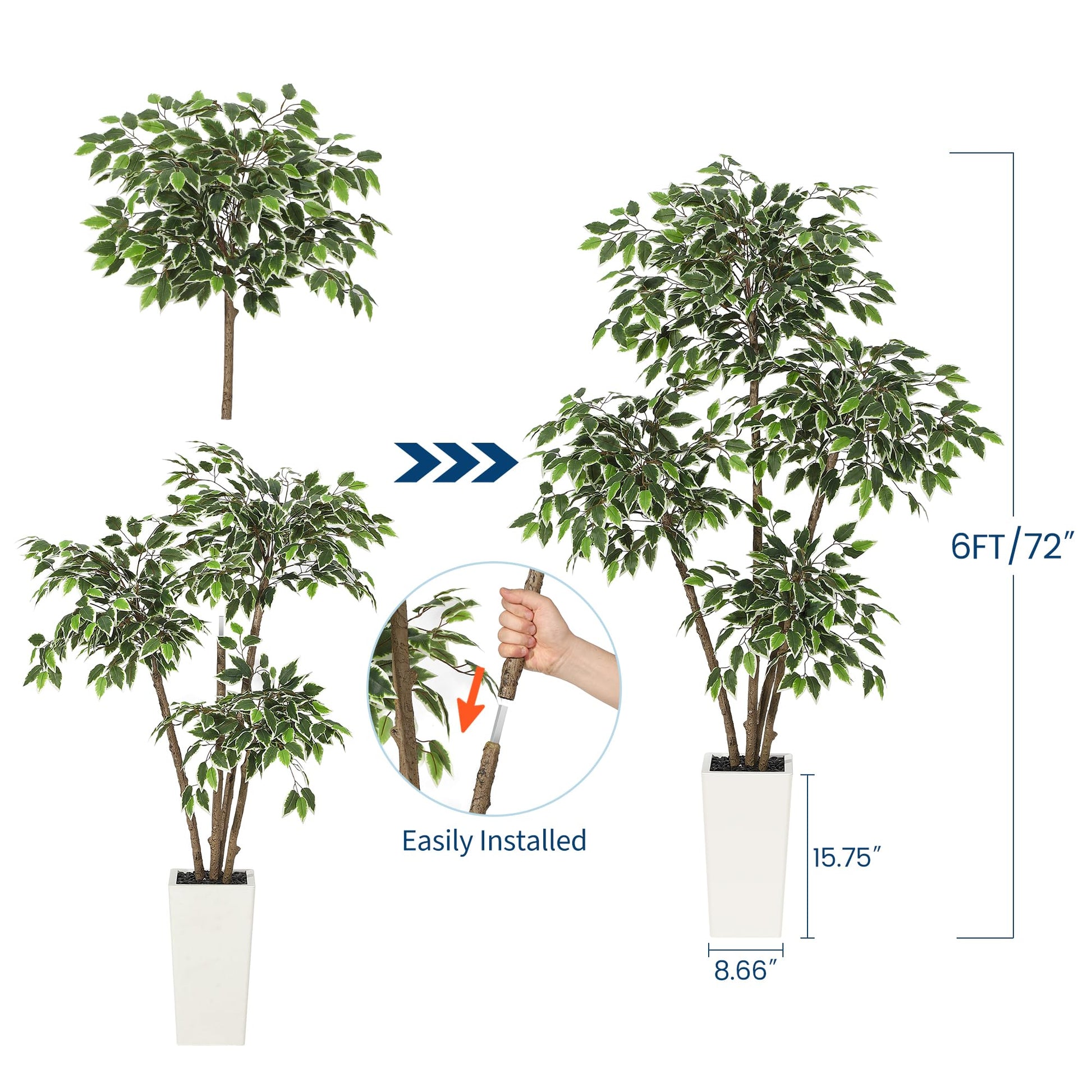 Ficus artificiel Garvee de 1,83 m (6 pi) avec 4 troncs, grand pot blanc pour salon et bureau, 180 cm x 105 cm (70,8 po x 41,3 po).