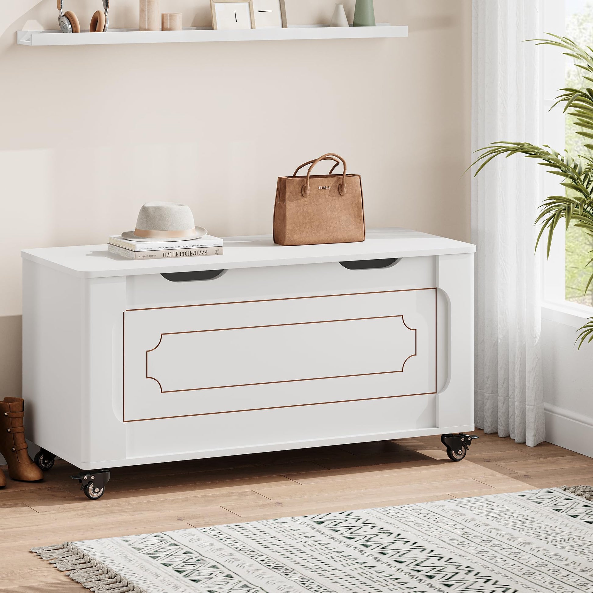 Coffre de rangement Garvee avec 4 roues, 2 charnières de sécurité, banc en bois de 100 cm (39,4 po), capacité de charge de 159 kg (350 lb), blanc, polyvalent pour le salon et le couloir.