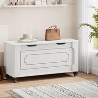 Coffre de rangement Garvee avec 4 roues, 2 charnières de sécurité, banc en bois de 100 cm (39,4 po), capacité de charge de 159 kg (350 lb), blanc, polyvalent pour le salon et le couloir.