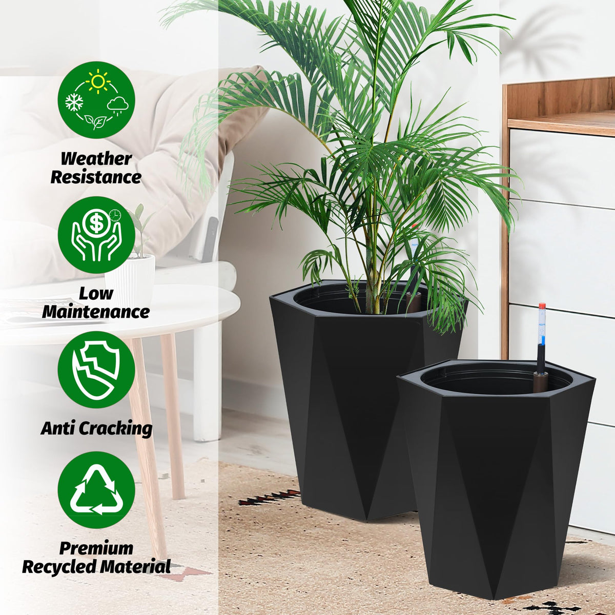 Garvee Lot de 2 jardinières diamant de 40 cm de haut, à arrosage automatique avec indicateurs de niveau d'eau, en plastique résistant aux intempéries, pour une utilisation intérieure et extérieure, blanches.