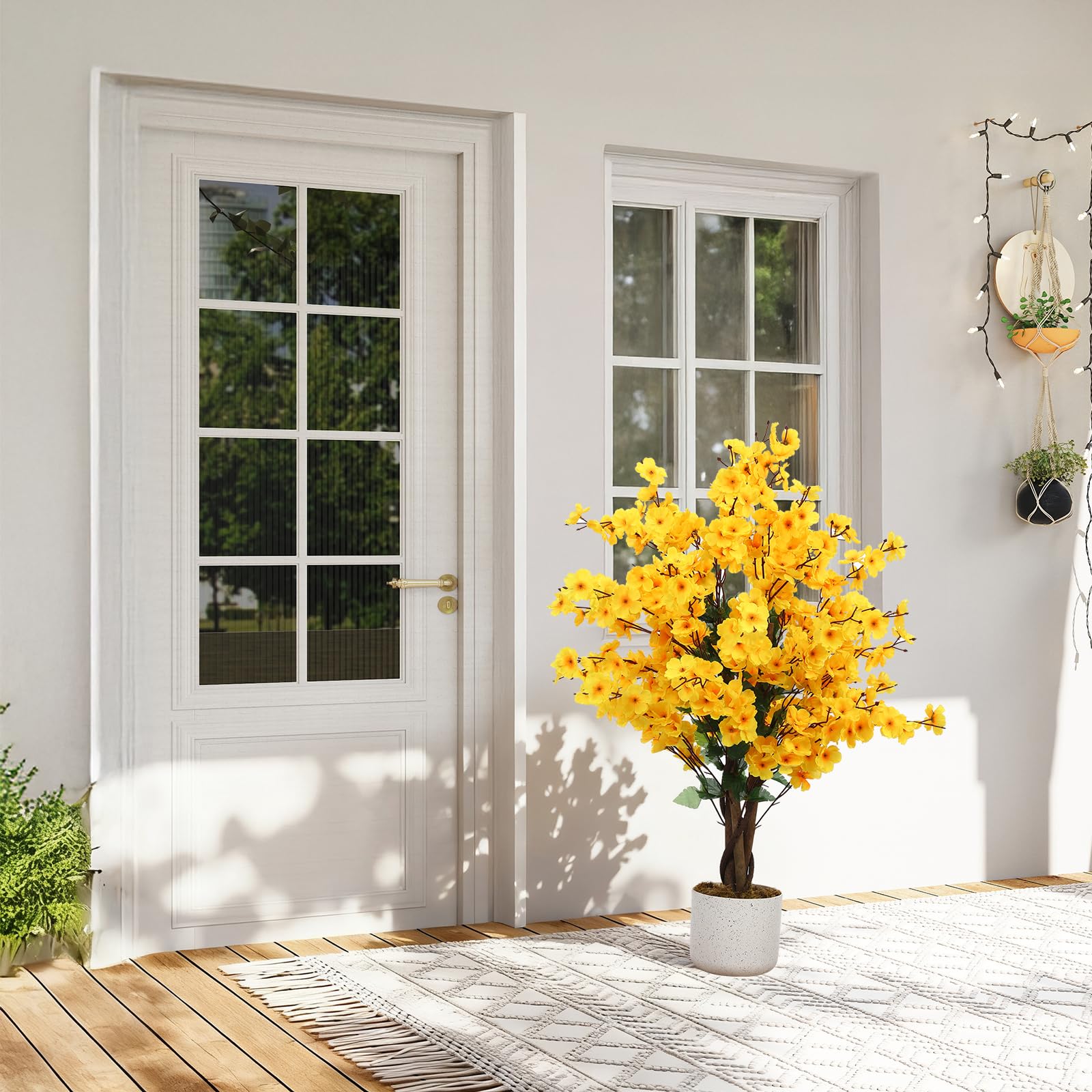 Arbre artificiel Garvee de 90 cm (3 pi) avec pot noir, idéal pour la décoration du salon et du bureau. Fleurs de prunier réalistes, persistant, en polyester, jaune.