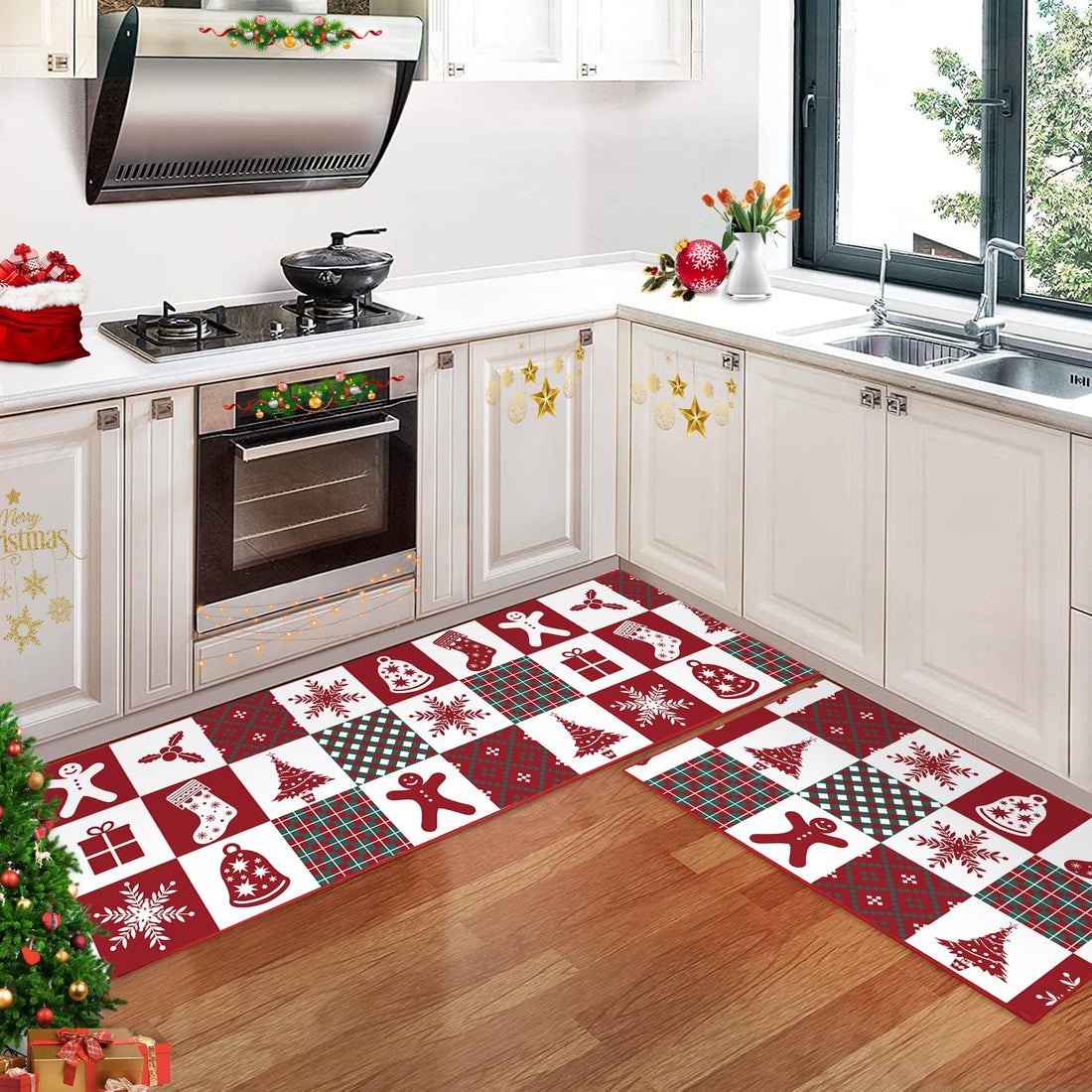 Tapis de cuisine Garvee Christmas, lot de 2, antidérapants et lavables, pour la cuisine et le couloir, 40 x 60 cm + 40 x 120 cm, multicolores