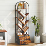 Garvee étagère arbre 6 niveaux avec 2 tiroirs, bibliothèque métal et bois, design industriel stable, coin bureau appartement, 41 cm l × 24 cm w × 140 cm h - Brun rustique