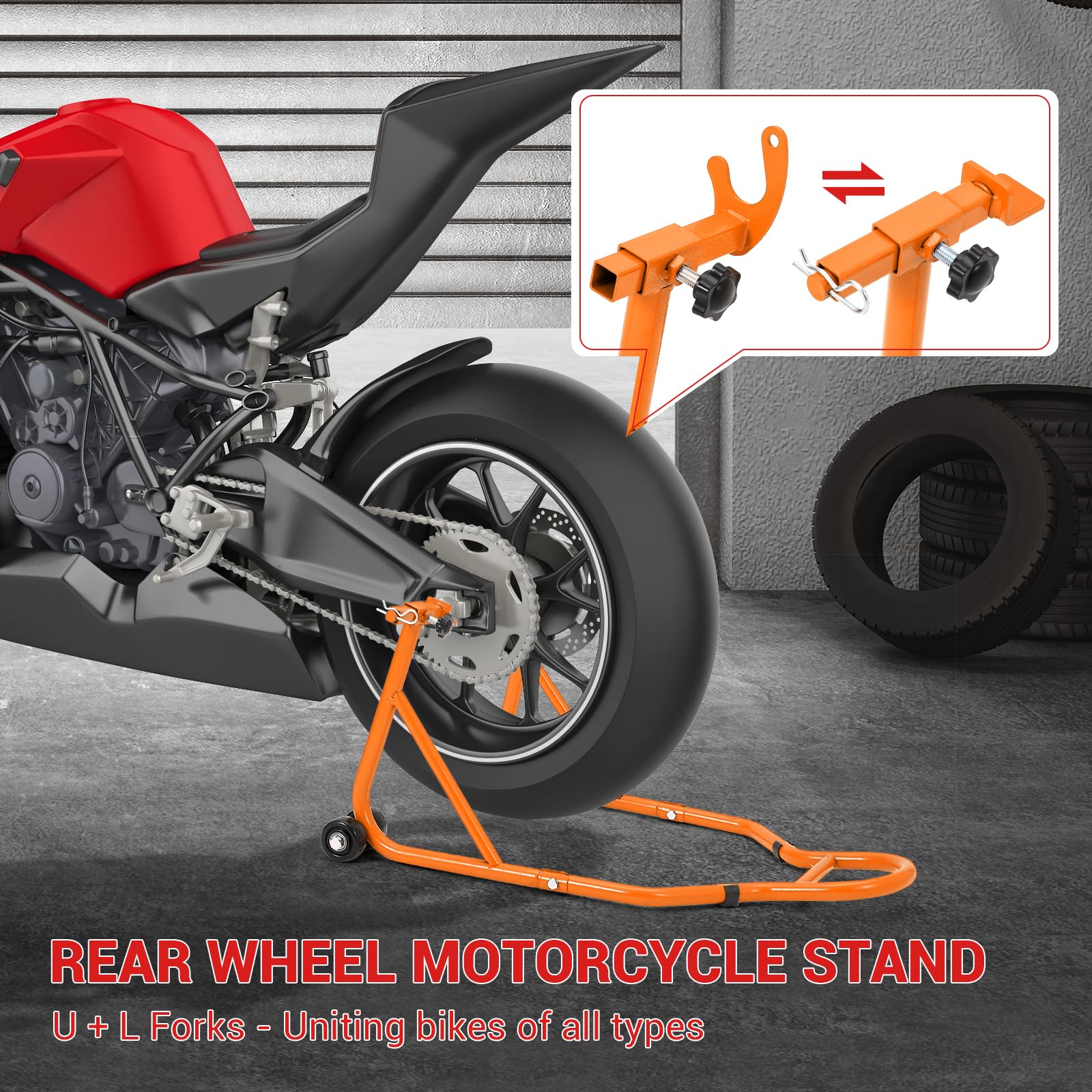 Support de moto Garvee, capacité de charge 385 kg, largeur réglable, robuste, en fer, universel, pour atelier ou maison, noir