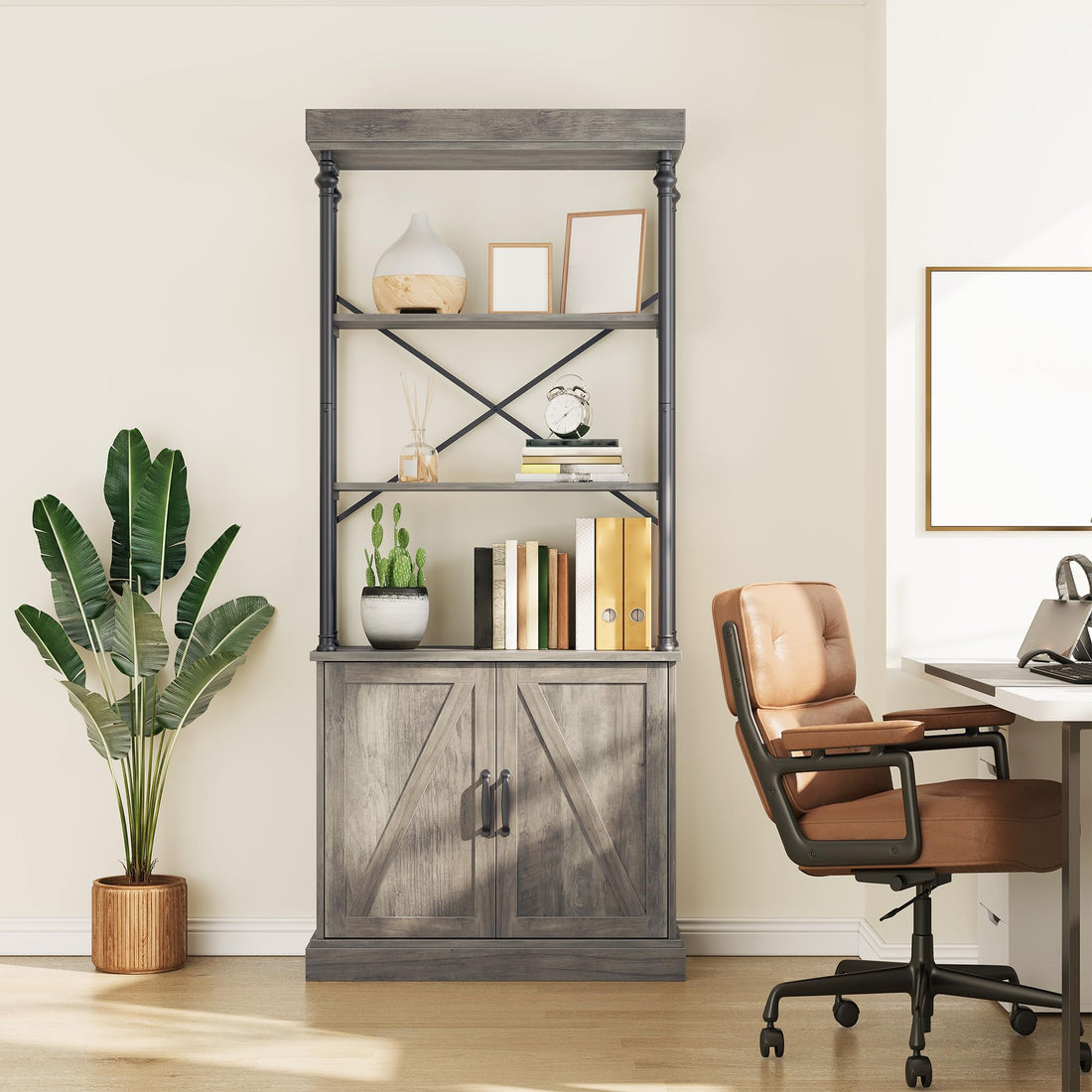 Bibliothèque moderne Garvee Gold avec tiroirs, 4 étagères, structure en métal, style vintage, robuste, pour salon ou bureau, 187 x 80 x 30 cm, couleur bois naturel