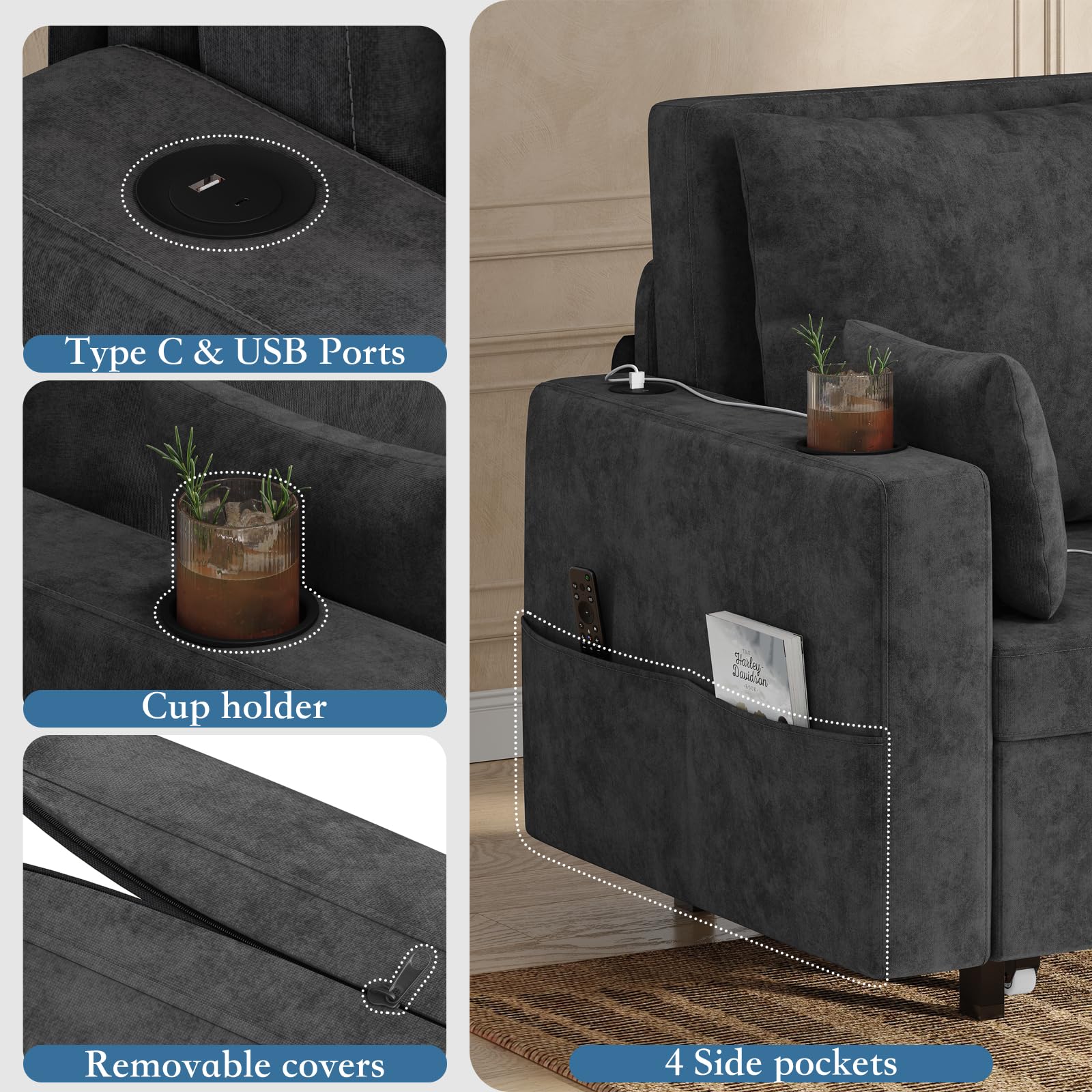 Canapé-lit 3 en 1 Garvee, 2 places, structure en acier, port de chargement USB, idéal pour les petits espaces, 142 cm (56 pouces), noir