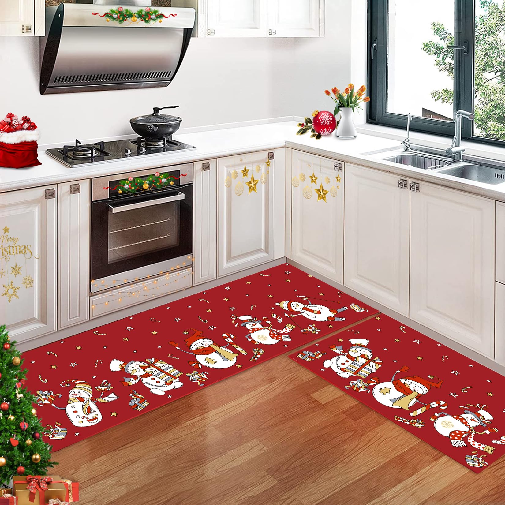 Tapis de cuisine Garvee Christmas, 2 pièces, antidérapant, motif bonhomme de neige, pour cuisine, salle à manger, couloir, 40 x 60 + 40 x 120 cm