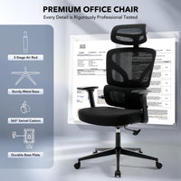 Chaise de bureau ergonomique Garvee en maille avec soutien lombaire réglable, accoudoirs 3D, structure en métal, dossier haut, pivotante, pour bureau et télétravail, noire