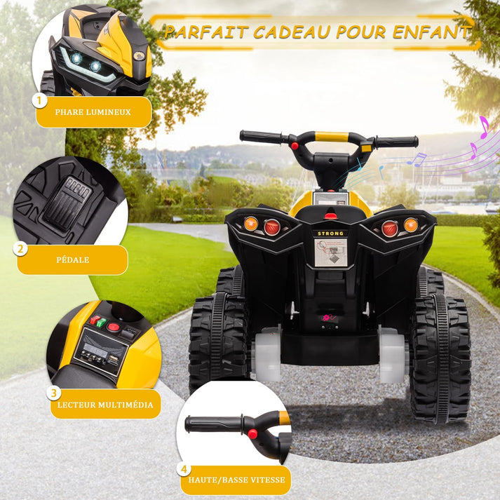 Détails fonctionnels quad enfant phares pédale multimédia