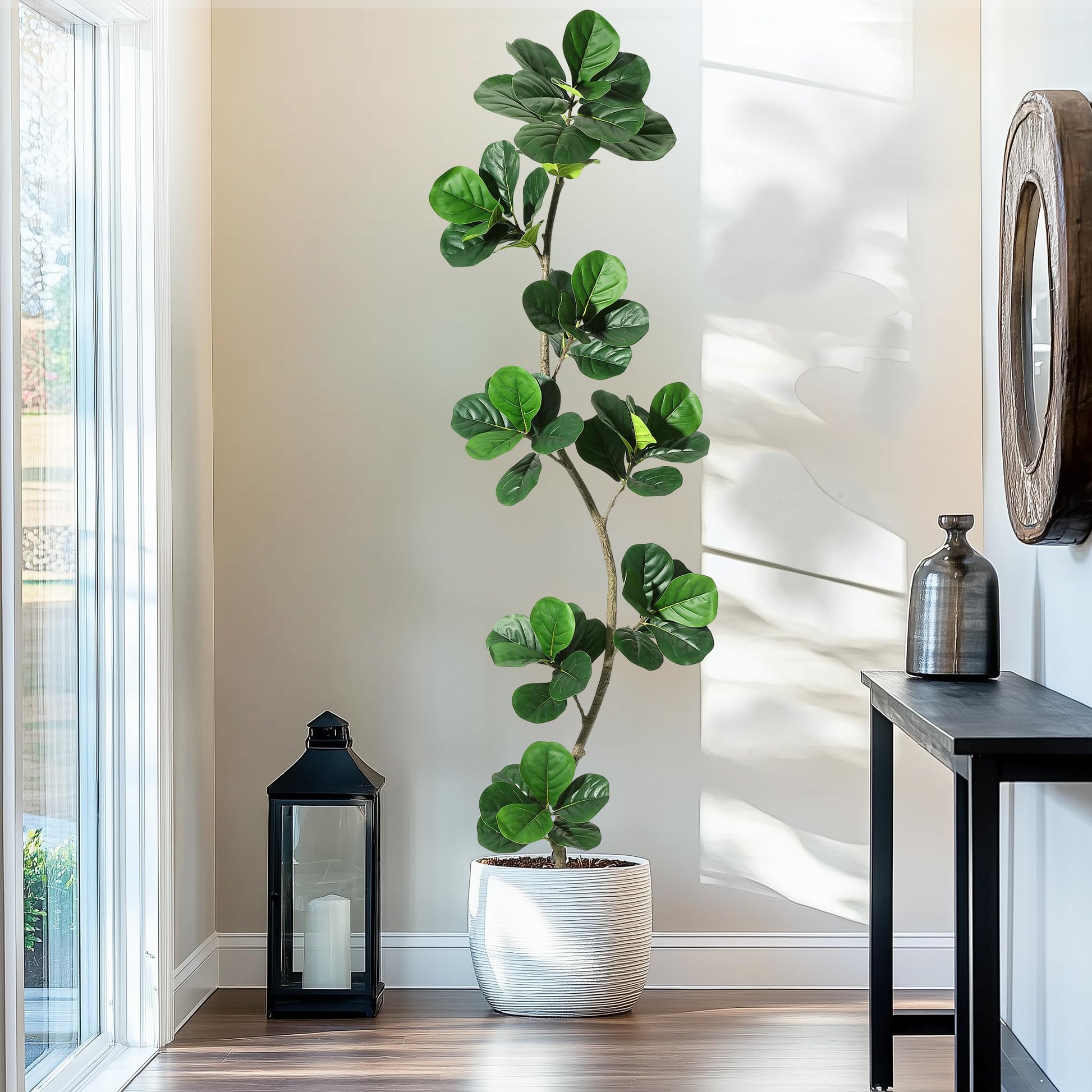 Garvee Ficus Lyrata Artificiel 213 cm, Arbre Décoratif en Forme de S avec Tronc Réaliste et Pot, pour Salon et Bureau