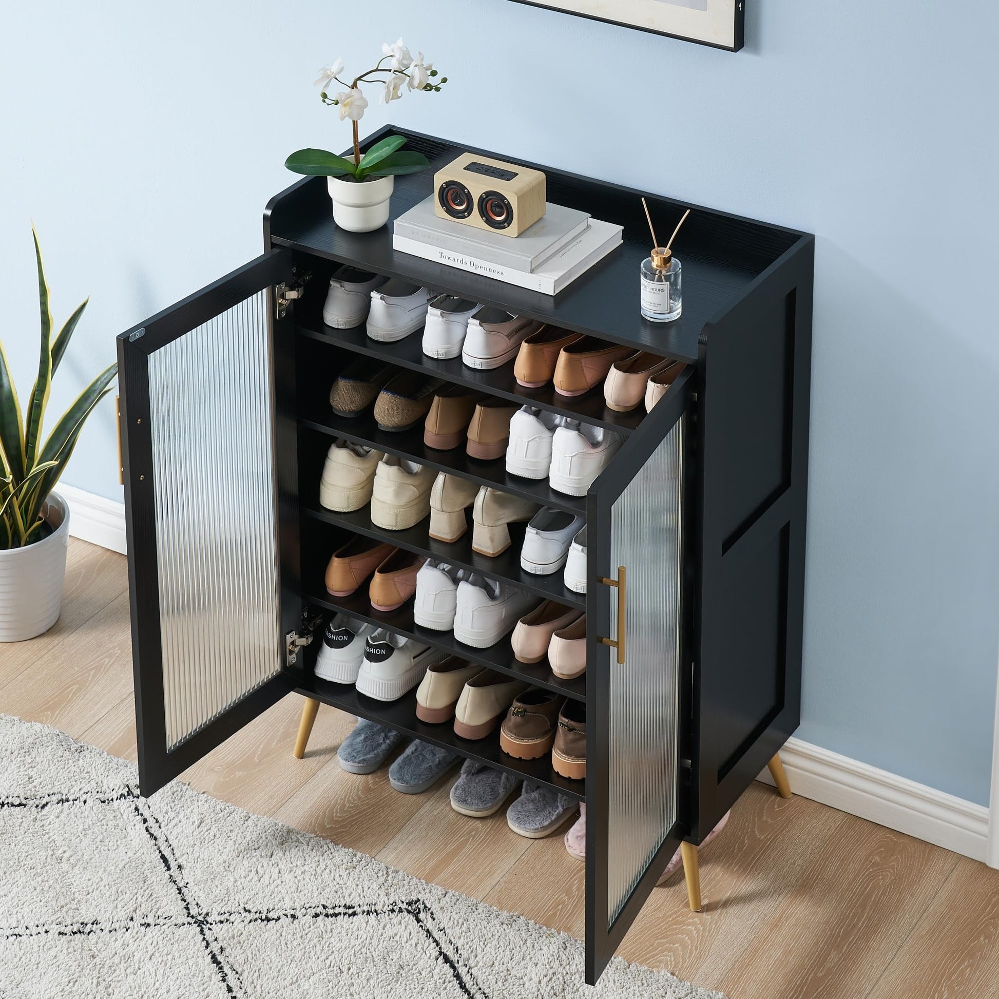 Meuble à chaussures Garvee avec portes vitrées, 5 niveaux, grande capacité, étagères réglables, matériau MDF, design moderne, pour entrée et salon