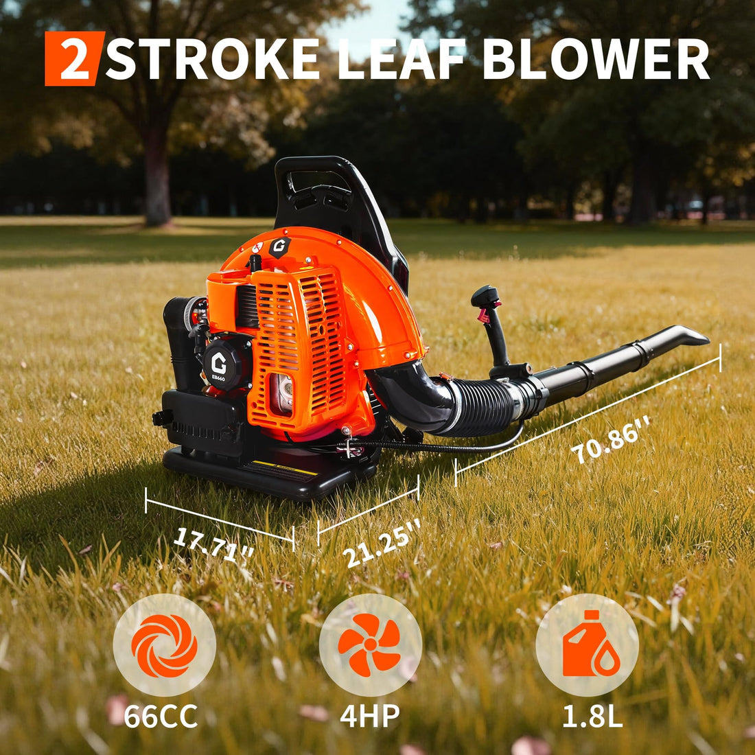 Garvee Souffleur de Feuilles à Dos 2 Temps 66 cm³, 4,0 CV, Débit d’Air 25 m³/min, Vitesse 515 km/h, Plastique, pour Jardiniers et Entreprises Paysagistes, Orange et Noir