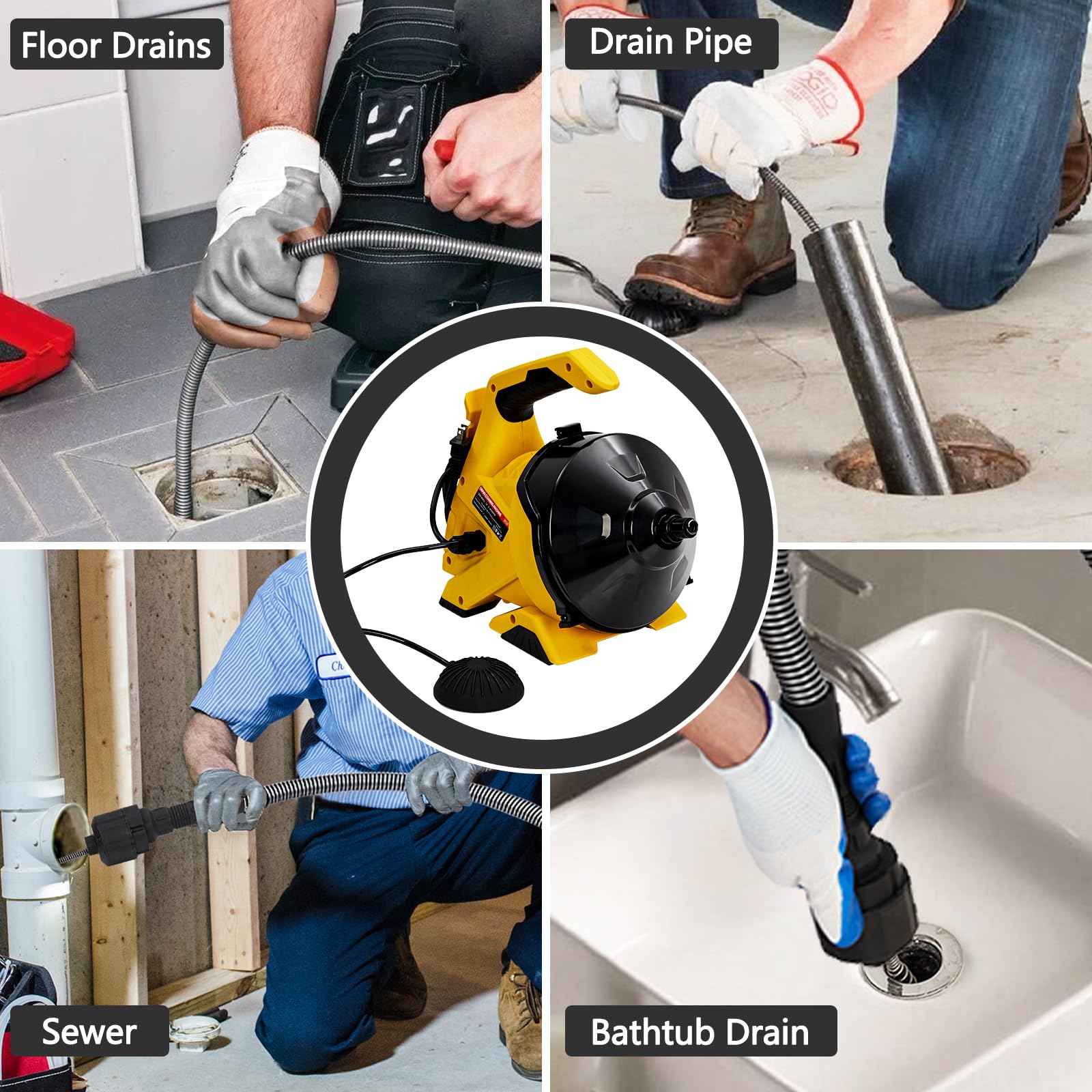 Garvee Déboucheur électrique 9 m x 7,6 mm à avance automatique, pour tuyaux 19–51 mm, câble acier, pédale, éviers, WC et évacuations de sol
