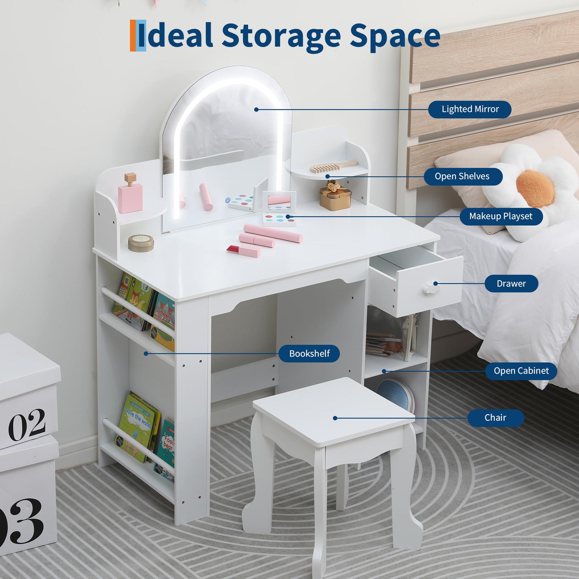 Coiffeuse Garvee pour enfants avec miroir lumineux, table de toilette et tabouret 2 en 1, MDF, lumière LED, espace de rangement pour filles de 3 à 9 ans, chambre et salle de jeux, blanc