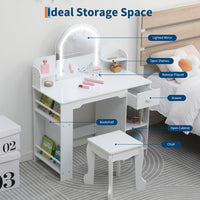 Coiffeuse Garvee pour enfants avec miroir lumineux, table de toilette et tabouret 2 en 1, MDF, lumière LED, espace de rangement pour filles de 3 à 9 ans, chambre et salle de jeux, blanc