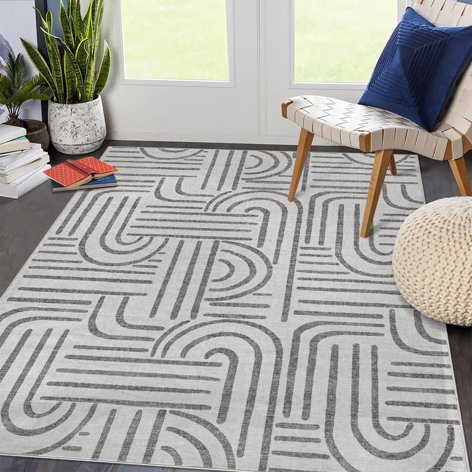 Tapis lavable Garvee 160x230cm Gris Moderne Abstrait pour Salon Chambre Antidérapant à poils courts