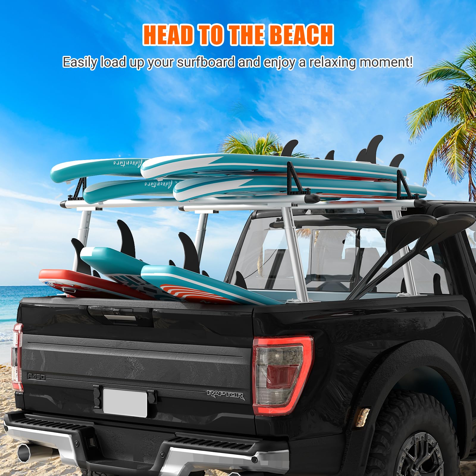 Porte-échelle en aluminium Garvee pour camionnette, capacité de 363 kg (800 lb), réglable de 43 à 74 cm (17 à 29 po), revêtement en poudre noir, pour camionnette, kayak, planche de surf