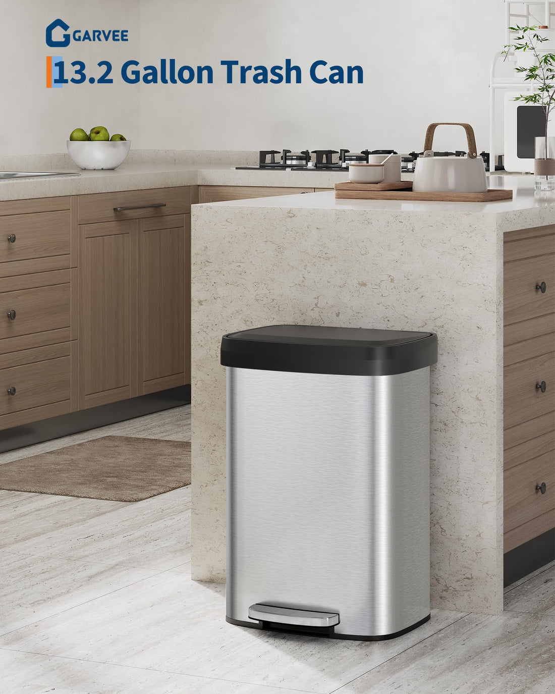 Poubelle Garvee 13 gallons en acier inoxydable avec couvercle, fermeture amortie, poignée ergonomique, argentée, pour îlot de cuisine, grande taille, antirouille
