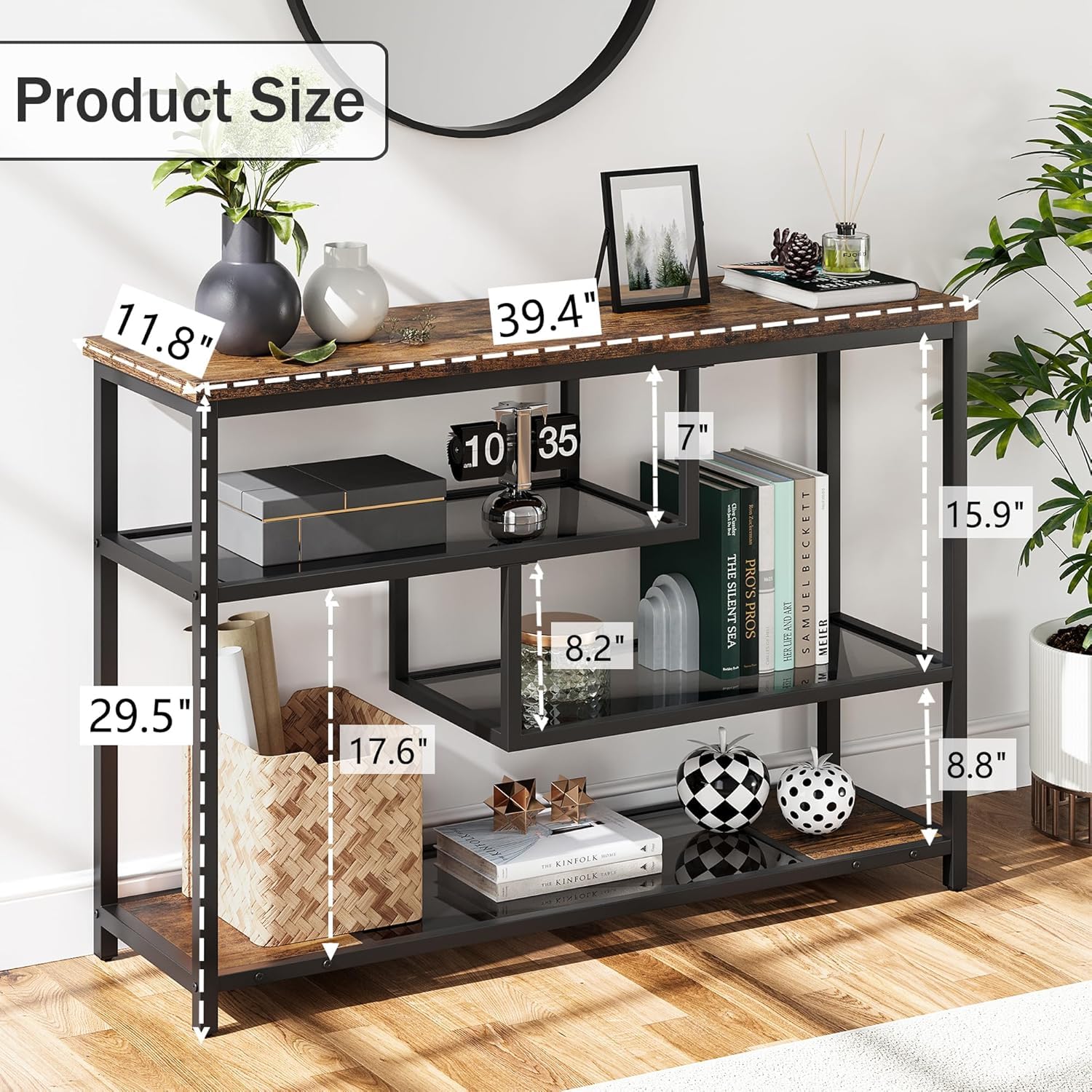 Garvee console à 4 niveaux avec étagère en verre et structure en métal, idéale pour l’entrée et le salon, 100 × 30 × 75 cm, rétro rustique