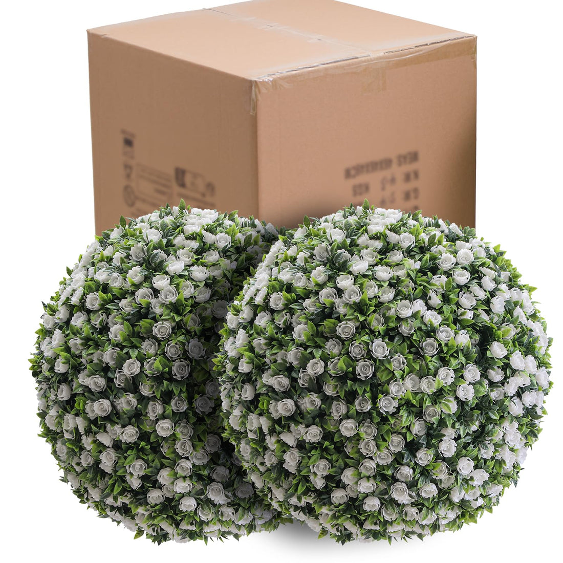 Garvee Lot de 2 Boules de Buis Artificielles 45 cm avec Fleurs, PE Résistant aux UV, pour Mariage et Balcon, Vert Rouge Blanc