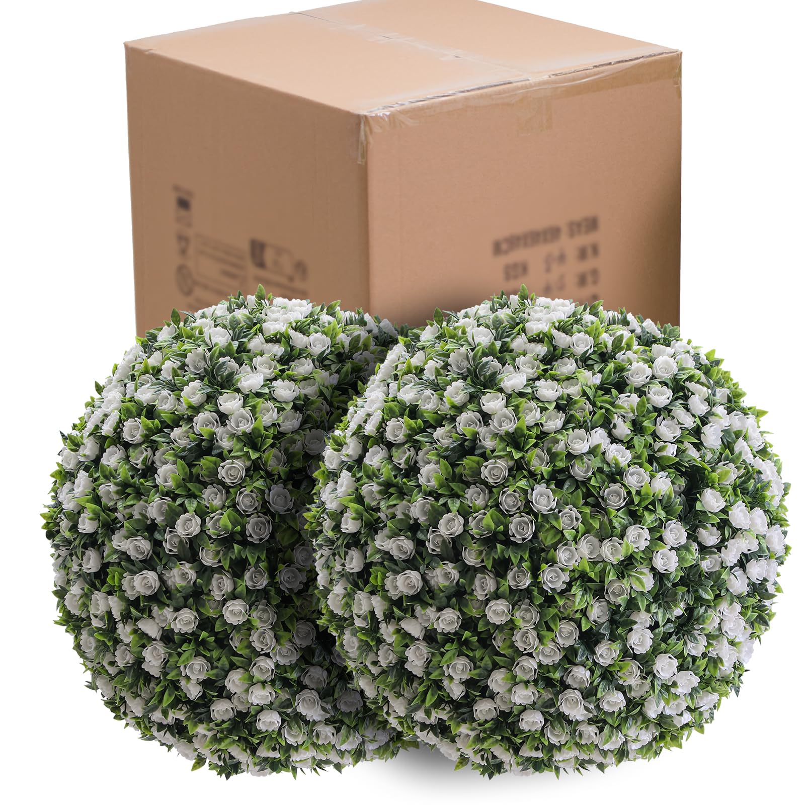 Garvee Lot de 2 Boules de Buis Artificielles 45 cm avec Fleurs, PE Résistant aux UV, pour Mariage et Balcon, Vert Rouge Blanc