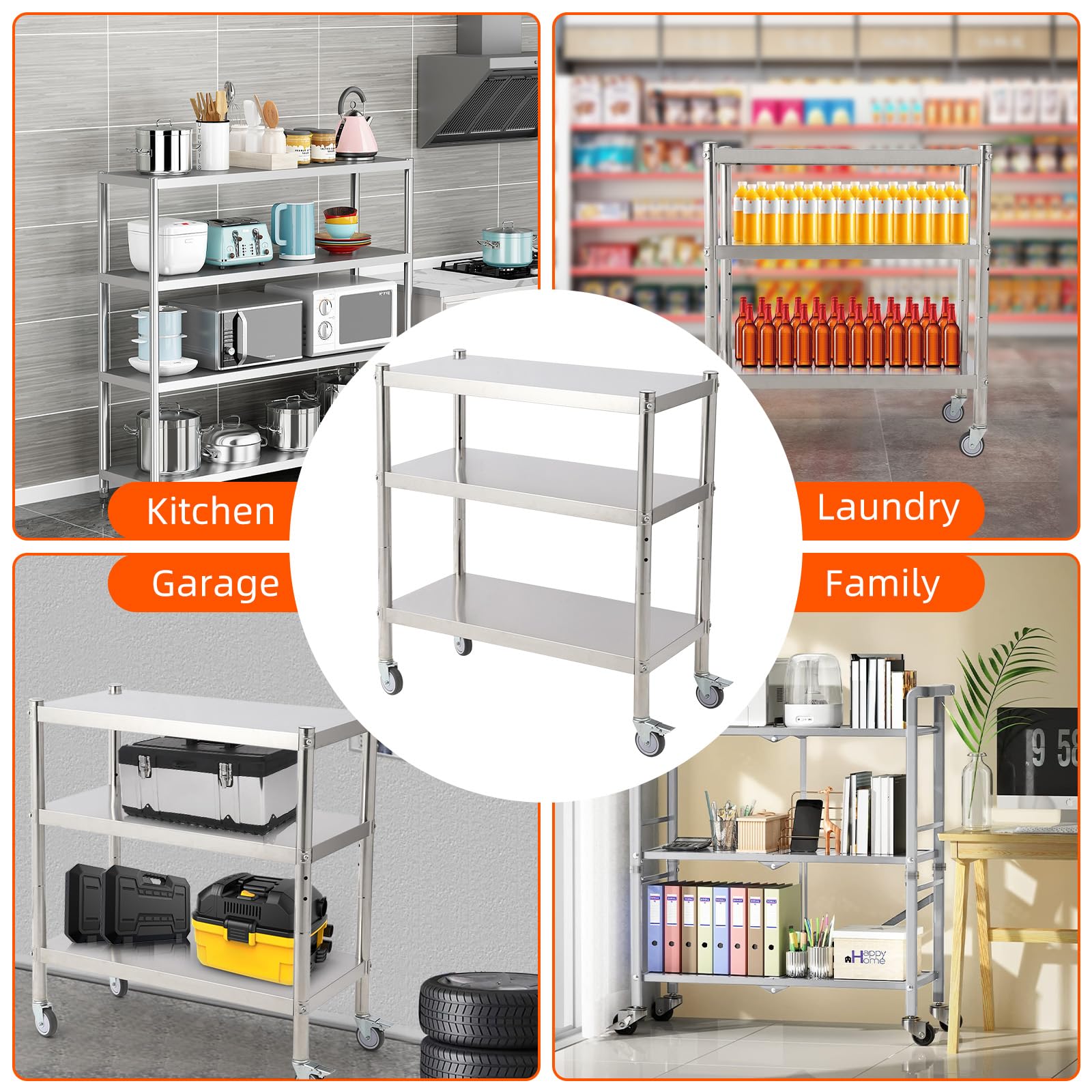 Étagère Garvee en acier inoxydable 81 x 41 x 91 cm, 3 niveaux, hauteur réglable, antirouille, robuste, idéale pour la cuisine et le rangement, couleur argent.