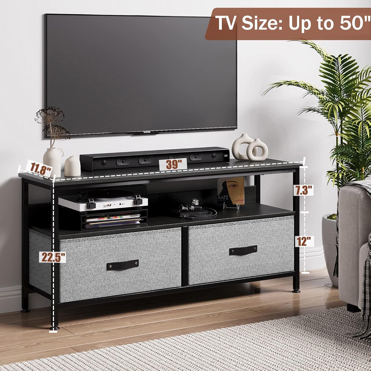 Garvee Meuble TV 99 cm pour téléviseurs jusqu'à 127 cm avec 2 tiroirs en tissu et une étagère ouverte, pour salon et chambre, structure en métal noir, plateau en bois, pieds réglables