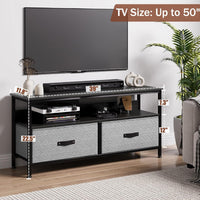 Garvee Meuble TV 99 cm pour téléviseurs jusqu'à 127 cm avec 2 tiroirs en tissu et une étagère ouverte, pour salon et chambre, structure en métal noir, plateau en bois, pieds réglables