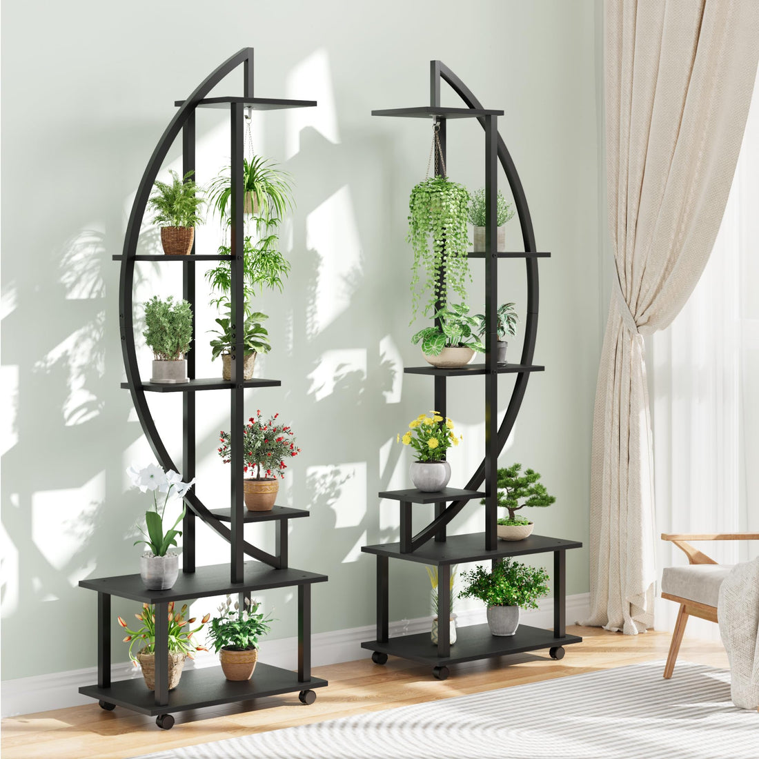 Garvee Lot de 2 supports à plantes 6 niveaux, métal noir et étagères en bois, hauteur 175cm, roulettes amovibles