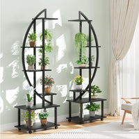 Ensemble Garvee de 2 pièces : support à plantes en métal à 6 niveaux avec roulettes amovibles et étagères en bois en forme de croissant, pour l'intérieur et le jardin, 175 cm (69 pouces), noir.