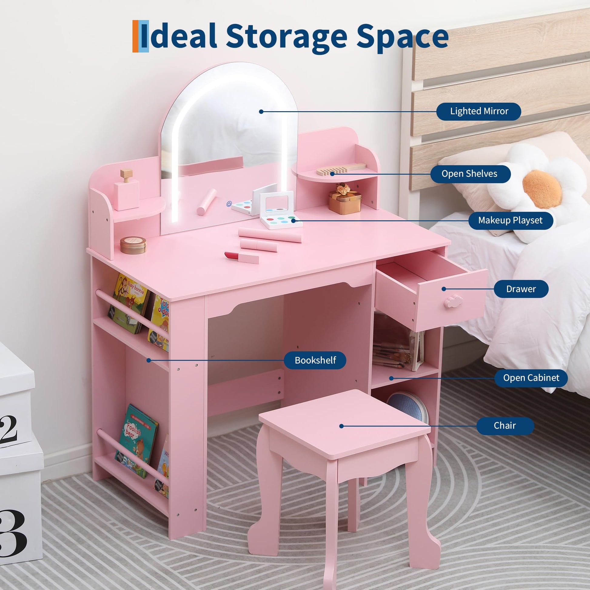 Coiffeuse Garvee pour enfants avec miroir lumineux et tabouret, MDF, éclairage LED, espace de rangement, pour filles de 3 à 9 ans, chambre et salle de jeux, blanc