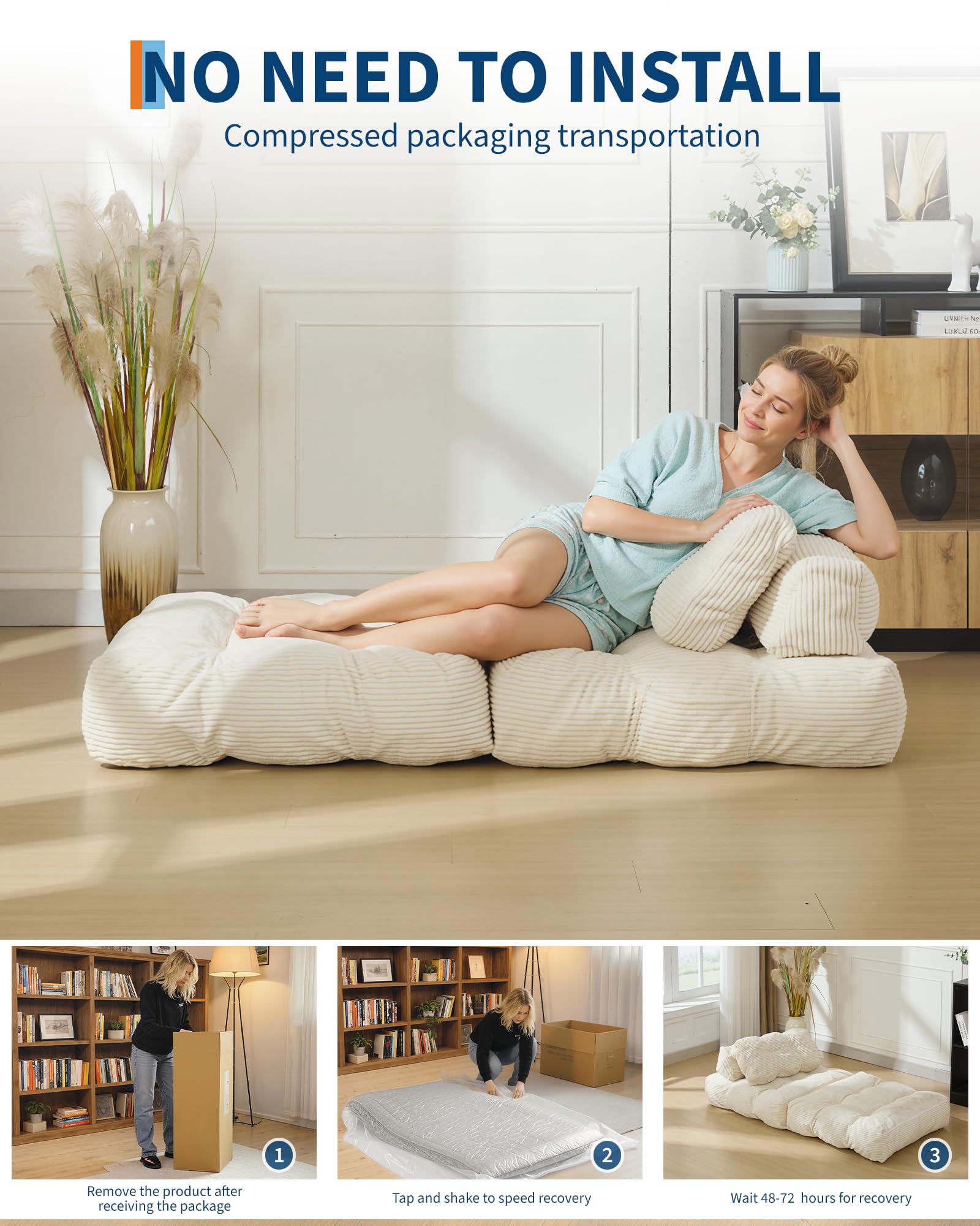 Canapé-lit pliant 3 en 1 Garvee avec coussins, matelas pliable, soutien lombaire et fauteuil portable confortable, en velours côtelé beige, pour salon et chambre.