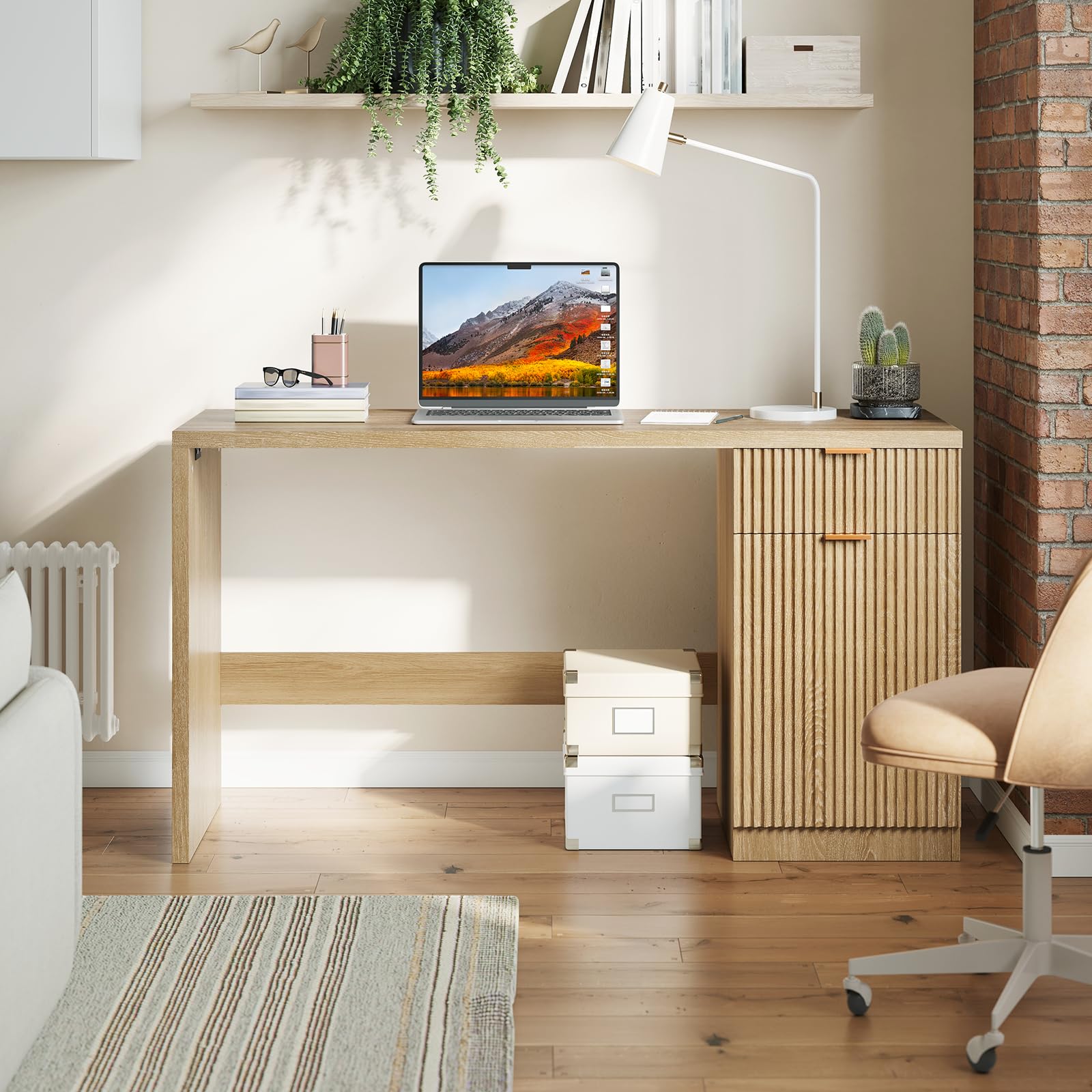 Bureau de direction Garvee 60" avec rangement, bureau moderne pour bureau à domicile, MDF de 1,18" (3 cm), chêne naturel, salon et bureau