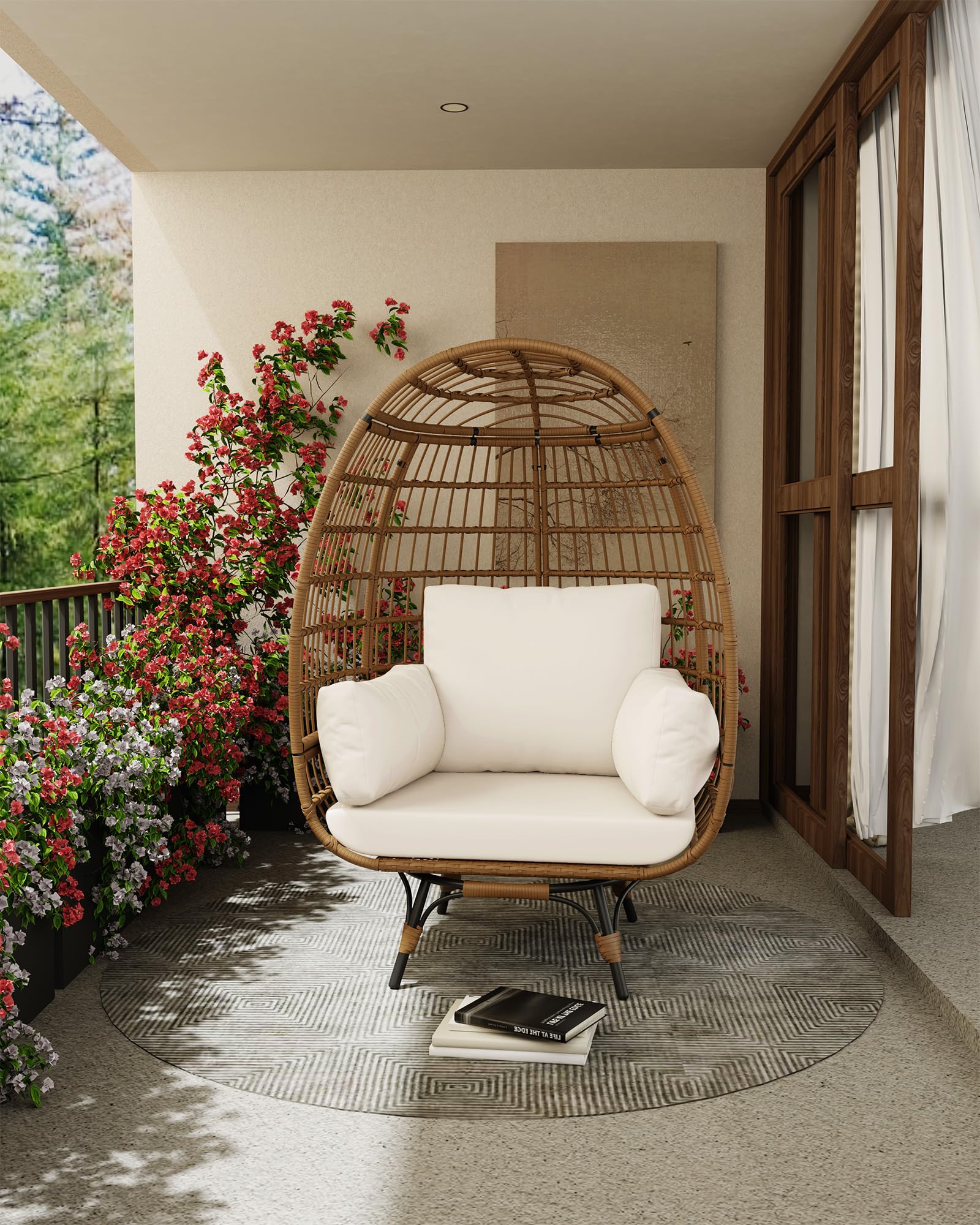 Garvee Fauteuil Œuf Pivotant 360° XL, Structure Acier et Base Métal, Rotin PE Résistant à l’Eau, Coussins Réglables, Intérieur/Extérieur, 96 × 76 × 145 cm, Naturel