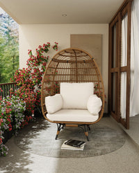 Garvee Fauteuil Œuf Pivotant 360° XL, Structure Acier et Base Métal, Rotin PE Résistant à l’Eau, Coussins Réglables, Intérieur/Extérieur, 96 × 76 × 145 cm, Naturel