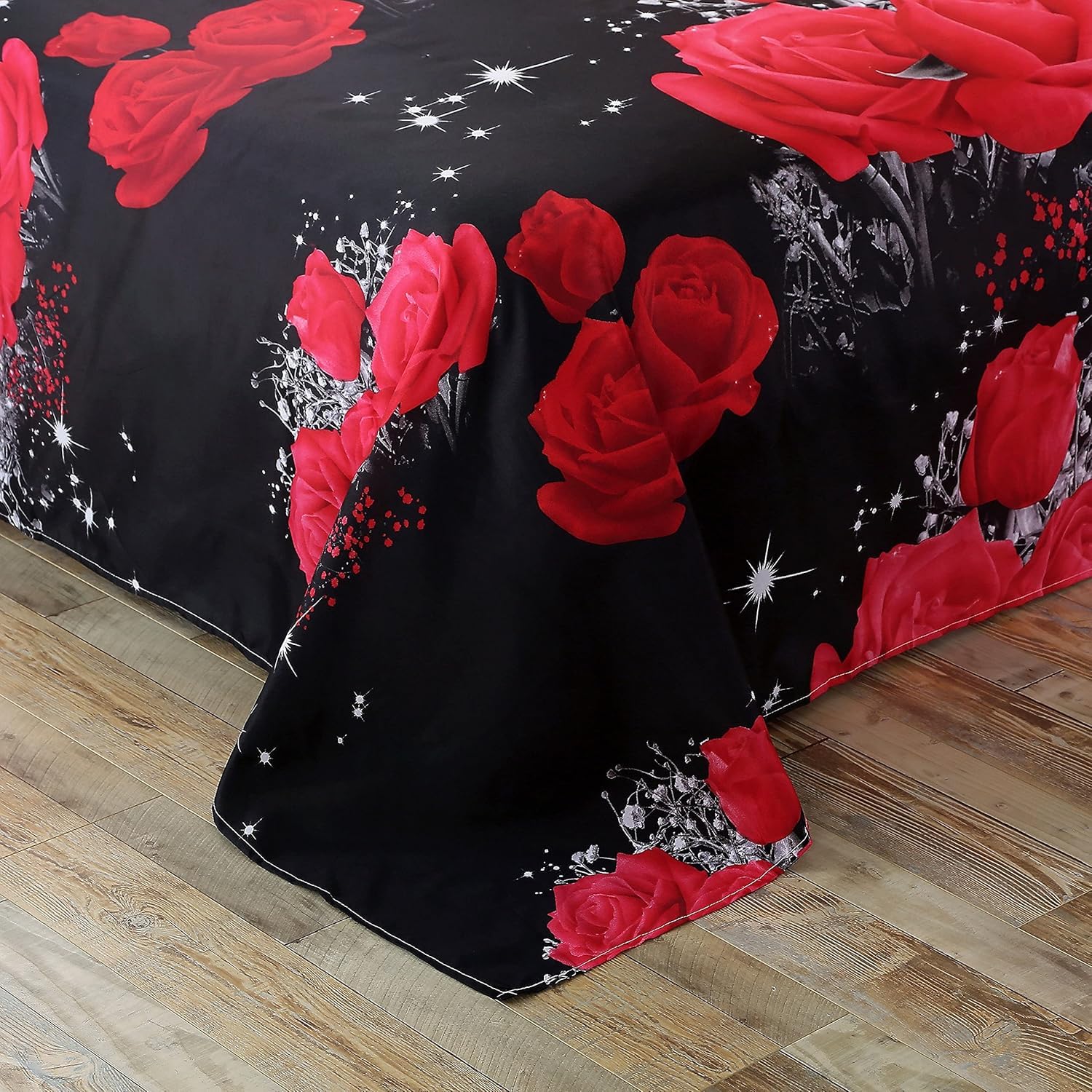 Parure de lit 4 pièces Garvee avec motif floral 3D de grandes roses rouges, idéale pour une chambre nuptiale : housse de couette, drap-housse et taies d’oreiller, rouge.